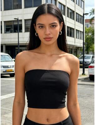 Universal Stock Summer Halter Crop Top For Women Double Layer Plunge V Neck Strapless Cami black xs
