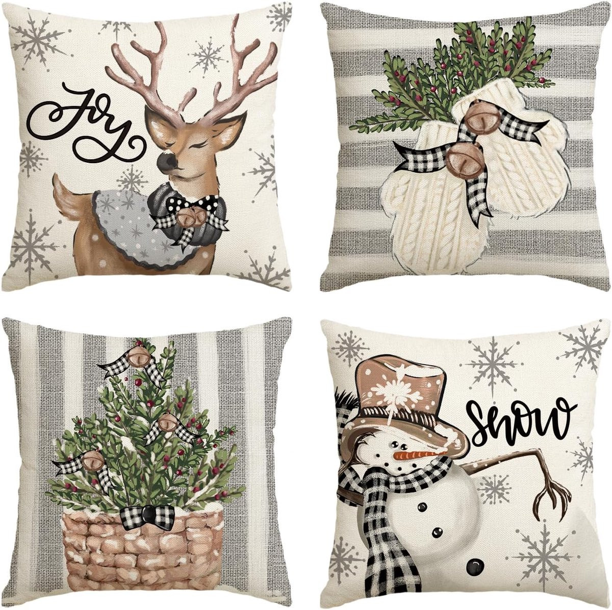 Set van 4 Mode Sneeuwpop rendierhandschoenen sierkussenslopen, 40 x 40 cm
