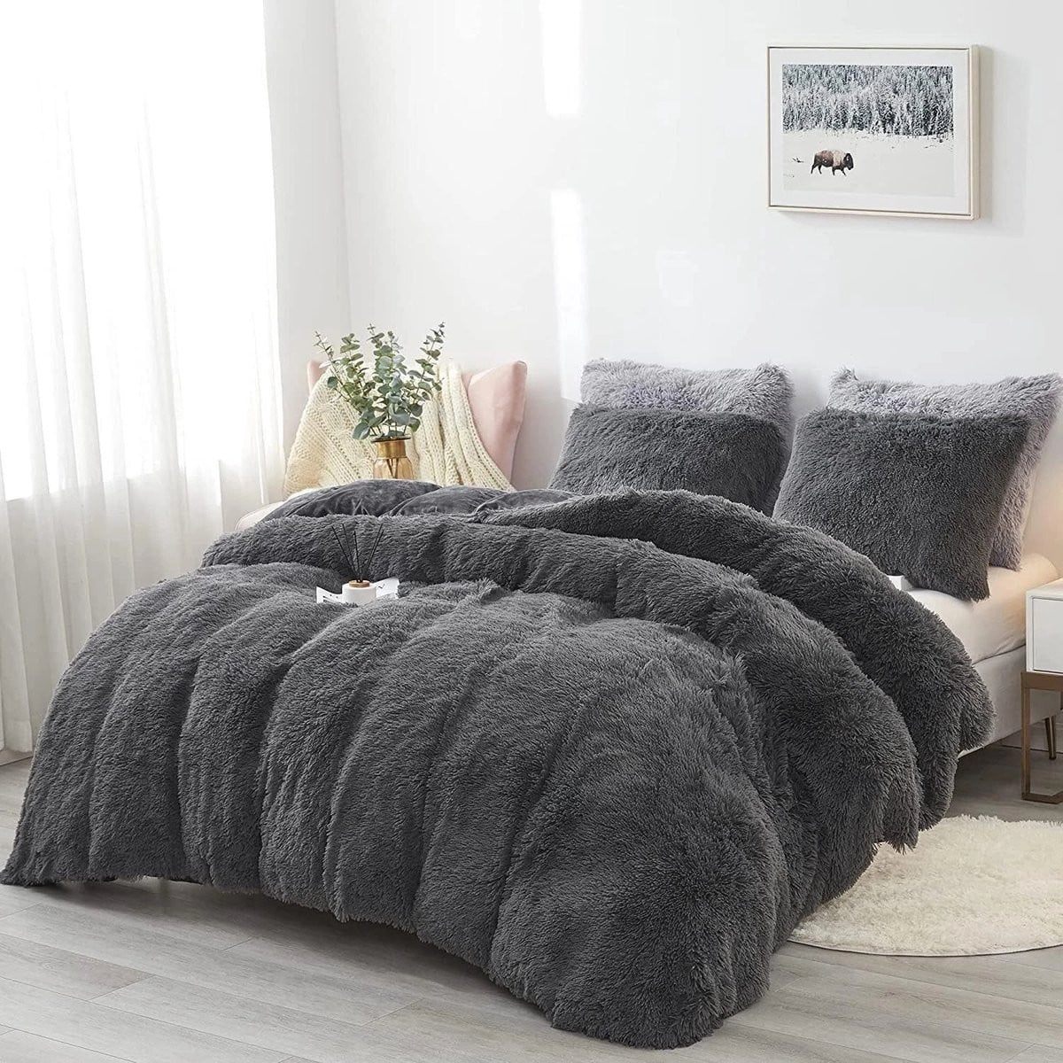 LUCKICE Pluche Beddengoedset met Dekbedovertrek en Kussensloop, Extra Zacht Imitatiebont Flanellen Biber, Dekbedovertrek 155 x 220 cm en Kussensloop 80 x 80 cm