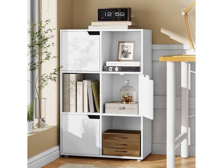 Bibliothèque Armoire WOLTU avec 3 Portes 6 Compartiments en MDF Blanc