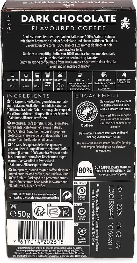 Café Royal   Chocolat Noir - 10 Capsules de café pour Nespresso® - Espresso - Café Chocolat - Compatible Nespresso®