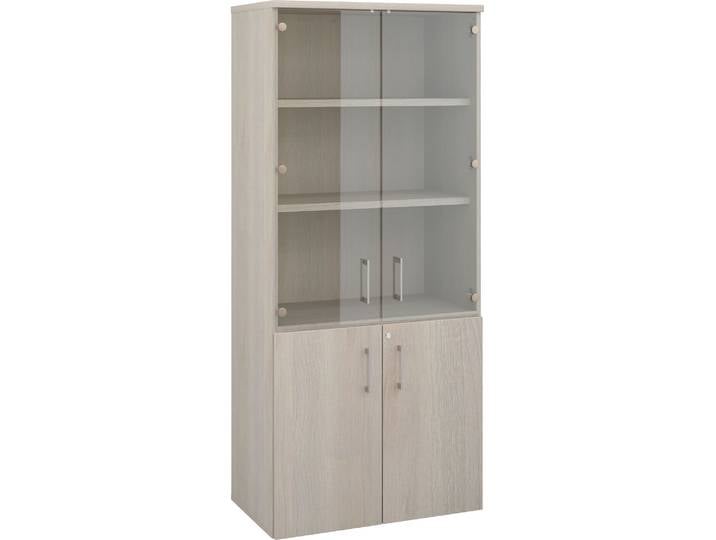 Bibliotheque bois avec portes hautes verre et portes basses bois H 182 x L 80 cm chêne gris - Bibliothèques - Bruneau