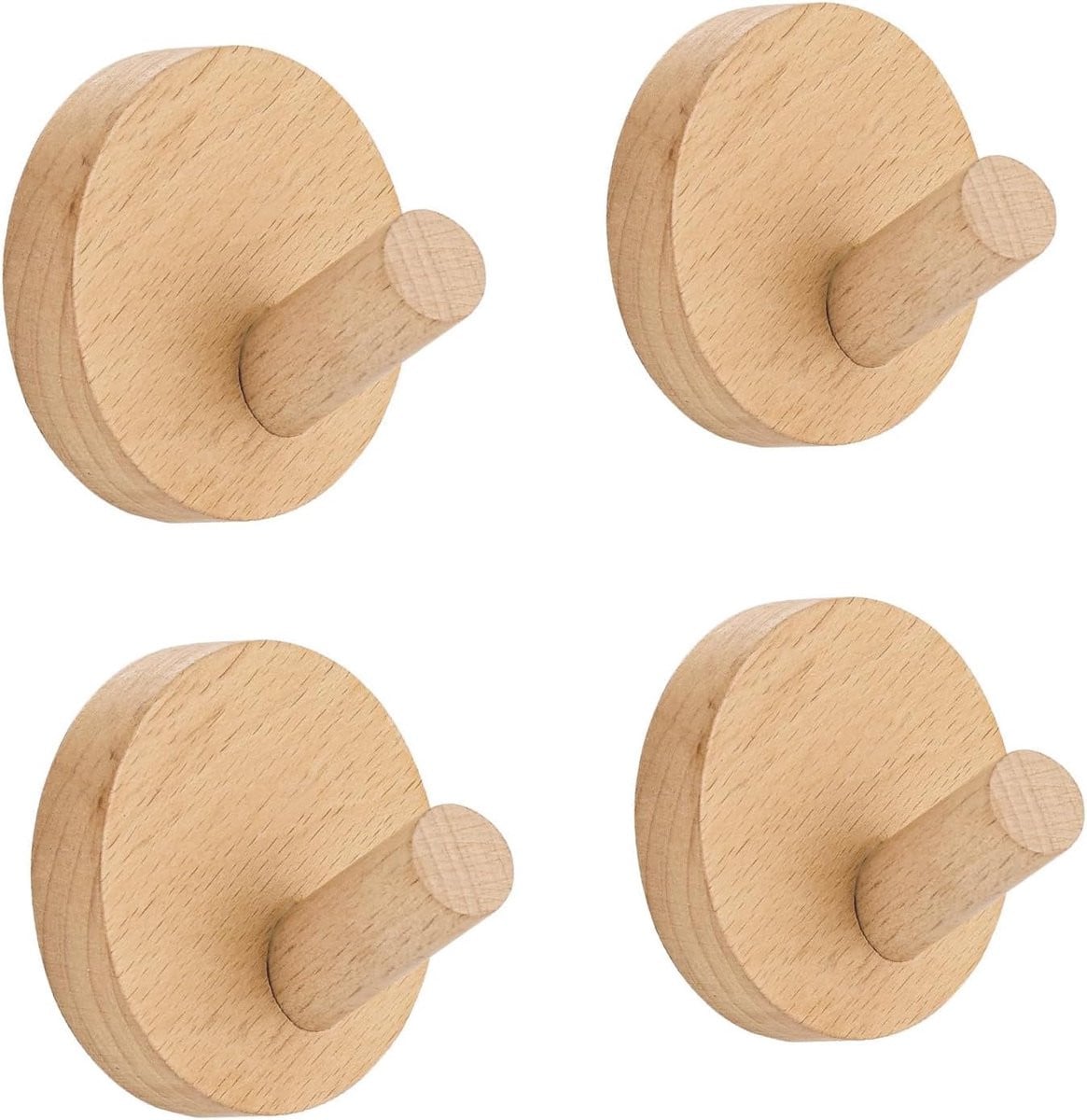 Dailygoods Wandhaken 4 Stuks - Ronde Beukenhouten Kledinghaken - Zelfklevend