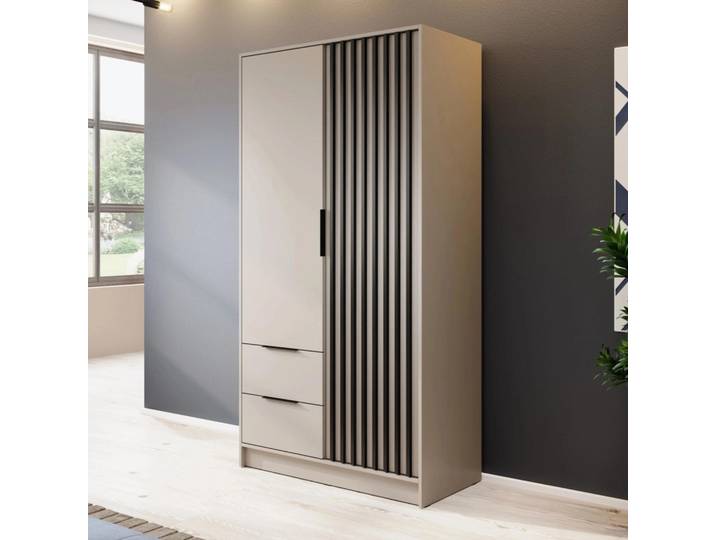 Kleiderschrank Stilo Kaschmir Beige mit Lamellen – 105 cm, 2 Türen, 2 Schubladen, Trendfarbe