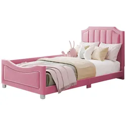 Polsterbett 90x200 aus Flanell mit Rückenlehne und Armlehne – komfortables Eltern-Kind-Bett, vielseitig in Rosa