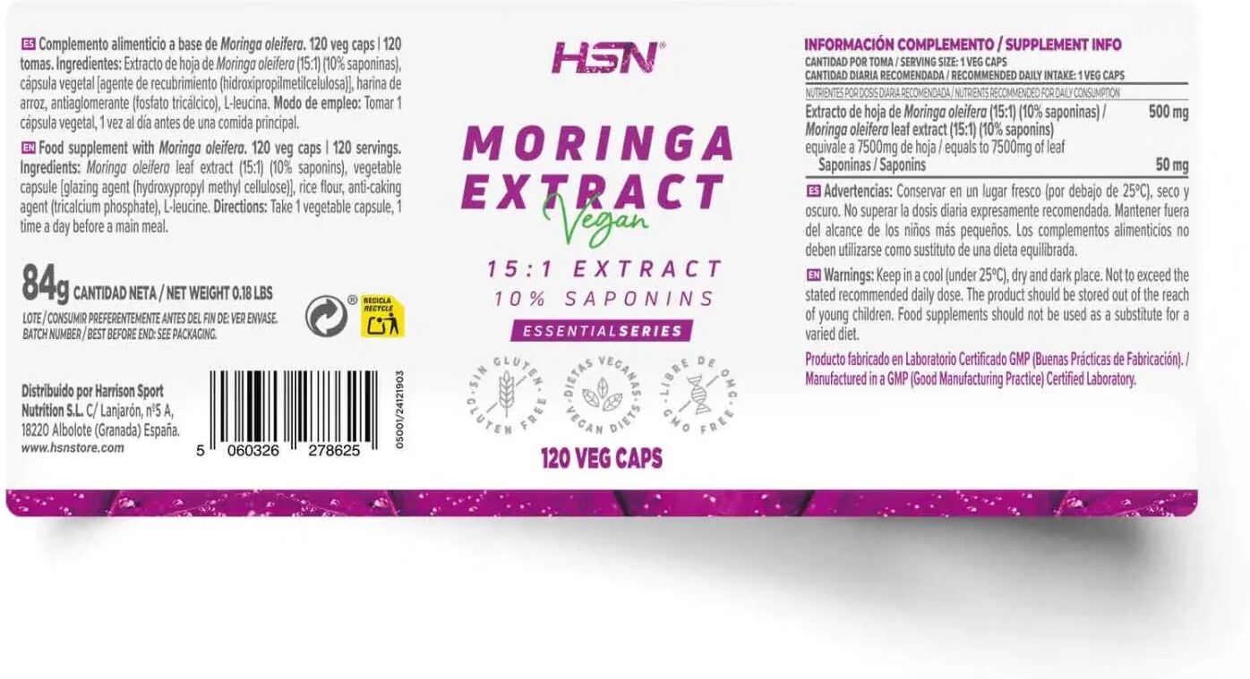 HSN Extrato de Moringa oleifera (15:1) 500mg - 120 veg caps - Diabéticos - Cápsulas Vegetales - 120 Serviços