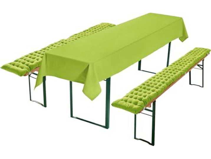 REDBEST Bierbank-Auflagen und Tischdecke 3-teilig apfelgrün Größe 110x260 cm - strapazierstark und langlebig, bequemer Sitzkomfort, mit elastischen Bändern