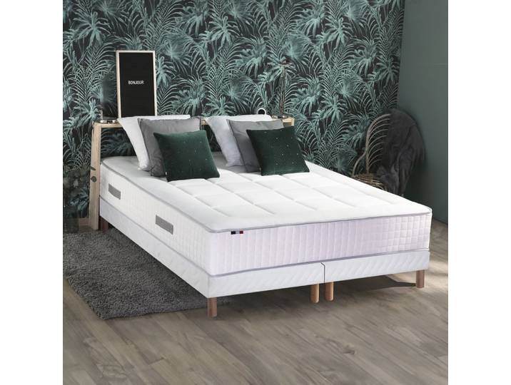 Matelas ressort 7 zones sommier oreiller couette 180x200 blanc