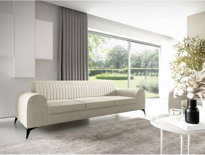 LIKMA Ekrü 3 Sitzer Samt Sofa ELSA 234x77x93 cm 3-er Couchgarnitur Hydrophobe Beschichtung Velvet Moderne Wohnzimmer Couch Velours Glamour Design Stoff Fresh 01