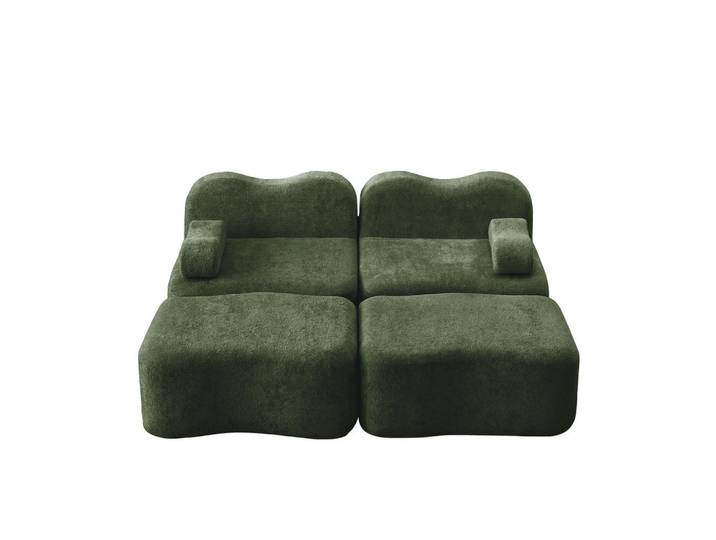Redom 2-Sitzer Sofa modular mit 2 Hockern, rahmenloses Design, Samtbezug und beweglichem Armlehnenkissen, Grün, 192x70x167 cm, Wohnzimmer, Sofas & Couches, Sofas, 2-Sitzer Sofas