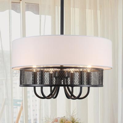 Farmhouse Drum Chandelier for Dining Room, 6-Light Round Hanging Chandelier with White Fabric Shades for Entryway, Foyer