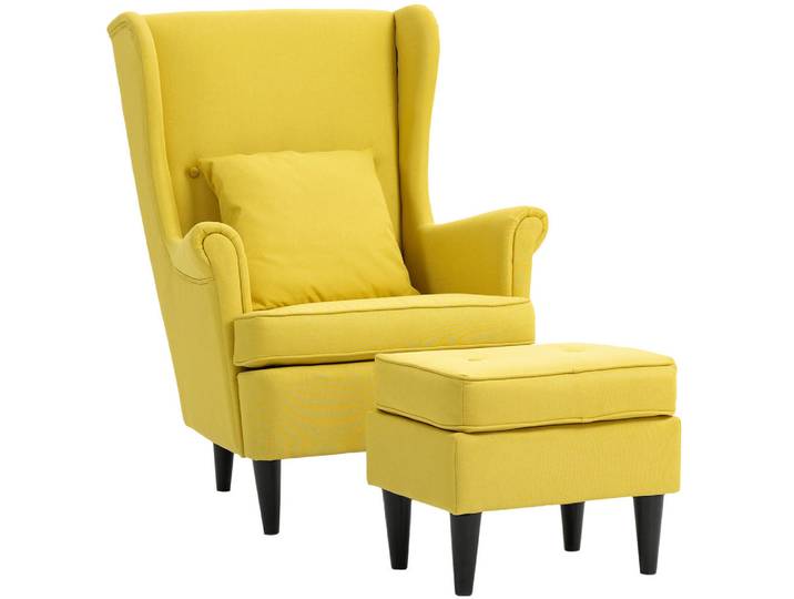 Homcom Ohrensessel-Mit-Hocker 2er Set Polyester Schaumstoff Gelb, Holz, Füllung: Schaumstoff,Schaumstoff, 75x104x83 cm, Wohnzimmer, Sessel, Relaxsessel