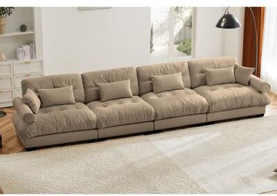 Loedds 166-inch 4-Seat Modular Velvet Sofa with Convertible Design, Pillows and Resilient Foam Cushioning for Living Room