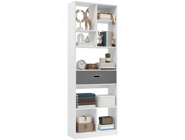 Grande bibliothèque BALCONERA avec 7 cubes ouverts et 1 tiroir en tissu blanc 60L × 24P × 170H cm