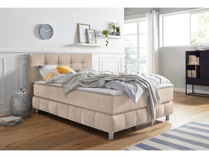 Boxspringbett, Strukturstoff, Beige, 154×211 cm, Mit Topper, Skandinavisch, andas