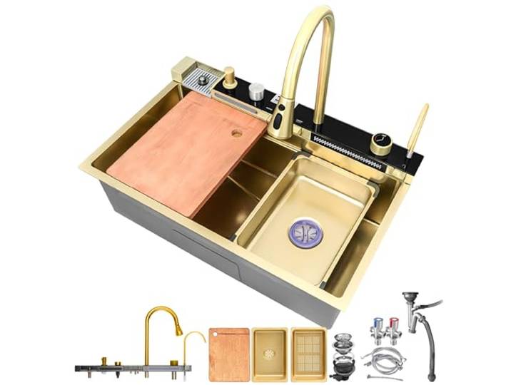 HZKSINNK 80x45cm Küchenspüle Mit Zwei Wasserfällen 1 Becken Golden Multifunktional Edelstahl Barspüle Nanobeschichtetes Mit Ausziehbare Wasserhähne Gläserspüler Und Abflusskörbe-und Ablauf-Set