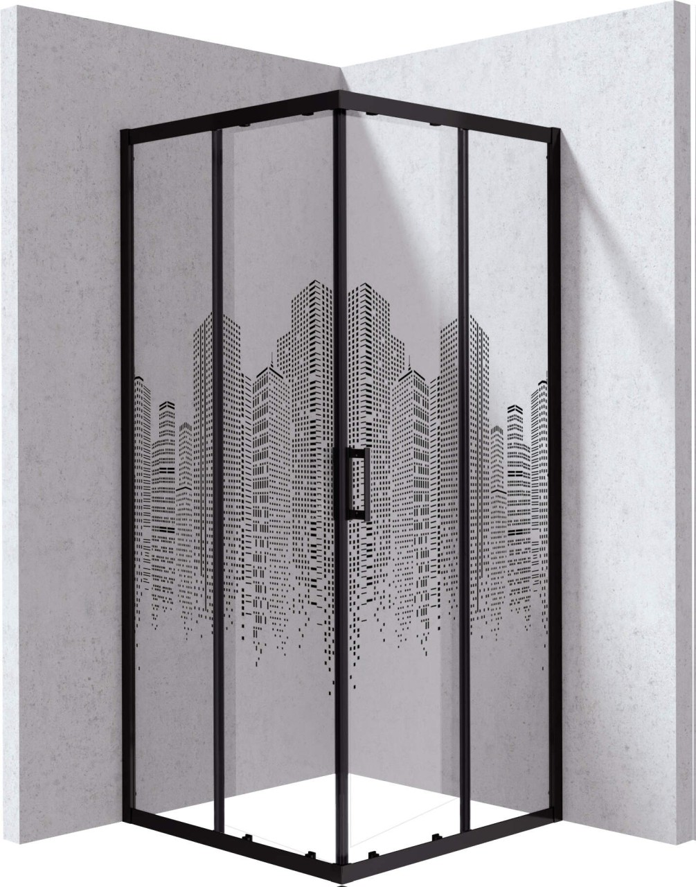 Neuesbad Quadratische Duschkabine, Schwarz, City Glas Dekor D, 80x80x195 cm NB1DEKYCND88P1