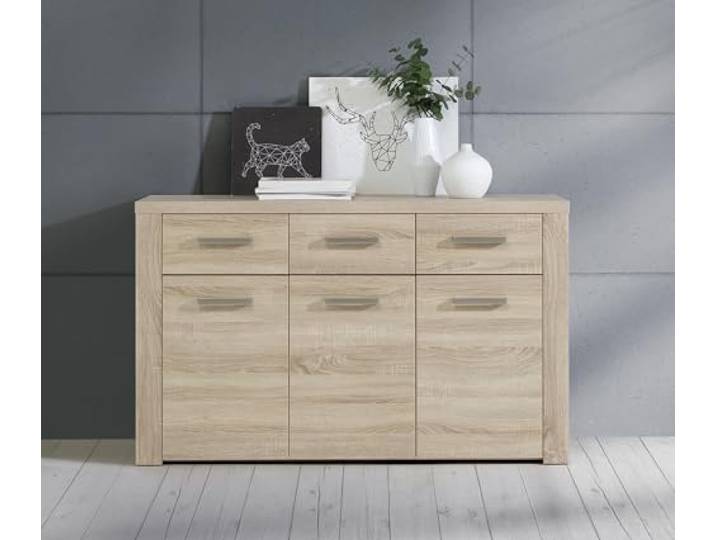 Forte BALTIMORE Sideboard mit 3 Schubladen und 3 Türen, Holzwerkstoff, Sonoma Eiche, B x H x T: 136 x 83 x 41,3 cm