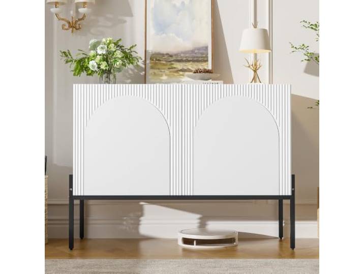 DUlVBPE Sideboard mit 2 Türen und Metallbeinen, Buffet, Kommode mit bogenförmigem Linien-Design, moderner minimalistischer Stil, Weiß, Maße: B 100 cm/H 75 cm/T 40 cm