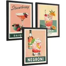POSTER 3er Set Cocktail-Wandbilder Daiquiri Tequila Sunrise und Negroni Vintage Küche Bar Deko Schwarzer Rahmen A3