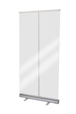 Hygieneschutzwand Roll-up, PET-Folie, glasklar, einrollbar, Aluminiumkassette mit Füßen, B 850 x T 200 x H 2200 mm