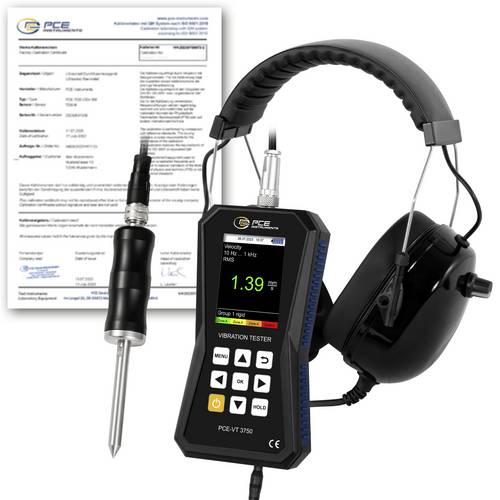 PCE Instruments Schwingungsmessgerät PCE-VT 3750S-ICA inkl. ISO-Zertifikat |Kopfhörer |Nadelfühler |RMS|Peak|Peak-Peak
