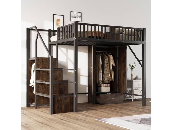 Lit Mezzanine en métal 140×200 cm avec Grillage métallique Armoire intégrée tiroirs et échelle de Rangement lit Enfant Noir