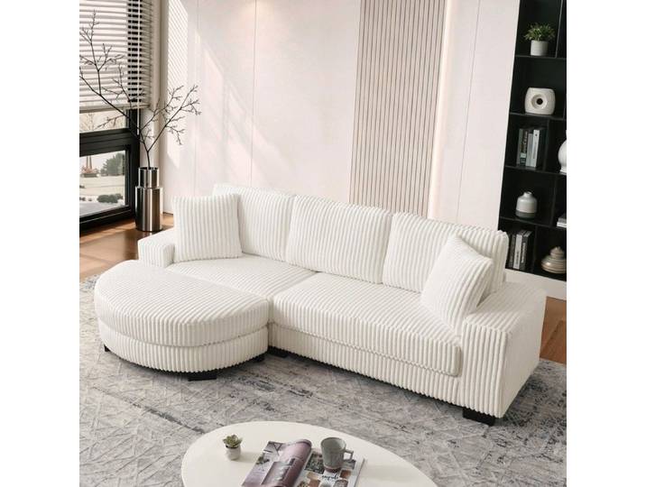 Canapé d'angle- Zukavenir- en velours côtelé modulaire avec pouf ovale 2 coussins inclus- 256.5x133.5x89cm