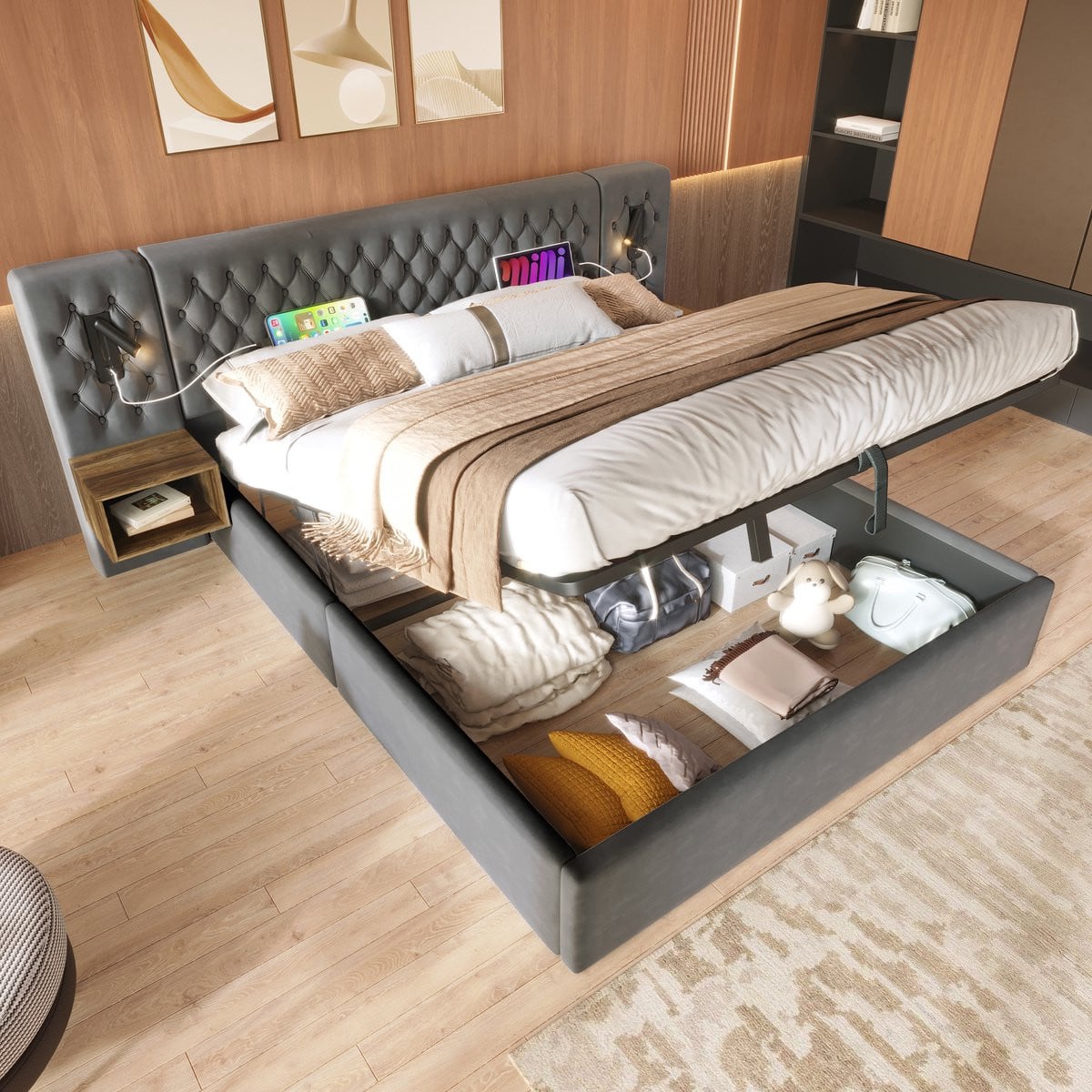 Polster Opbergbed met USB-oplaadfunctie, leeslamp en 2 nachtkastjes - Grijs Fluweel - B/D: 180 x 200 cm