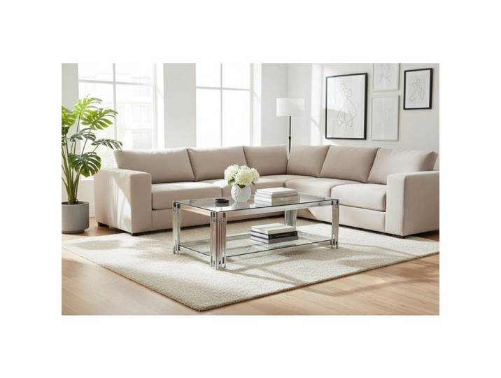 Table Basse FLUTE Rectangle Double Plateau Verre Trempé Transparent Structure Chrome 120x60x45cm