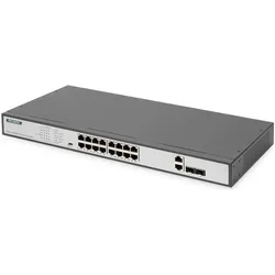 Digitus 16-Port Fast Ethernet PoE Switch, 19 Zoll, Unmanaged, 2 Uplinks (16 Ports), Netzwerk Switch, Schwarz