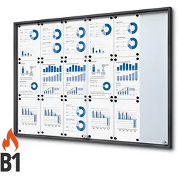 Schaukasten 18 x A4 anthrazit RAL7016 mit Schiebetüren B1 Brandschutz innen ESG 18x DIN A4