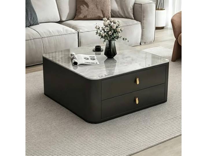 Moderner quadratischer Sinterstein-Couchtisch mit Stauraum für Wohnzimmer Sintersteinplatte, kompaktes quadratisches Design, integrierte Schublade für Wohnzimmer & gehobene Innenräume(F,60cm/23.6in)