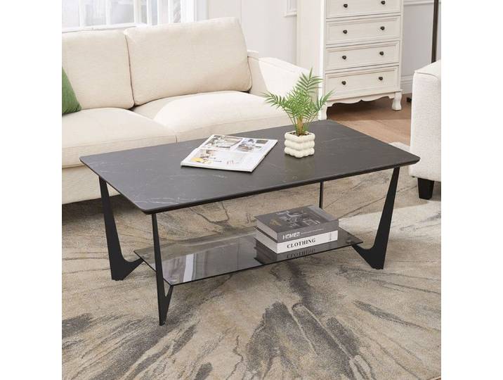 chairus Table Basse Rectangulaire avec Plateau Marbré Table de Salon Moderne avec Étagère de Rangement pour Bureau Chambre Noir