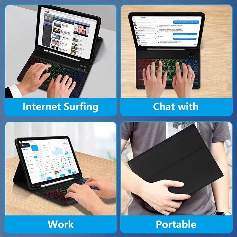 INF Blaue Ledertasche mit RGB Bluetooth Tastatur kompatibel mit iPad 12.9 iPad 12,9 Zoll Schwarz iPad 10,9/11 Zoll