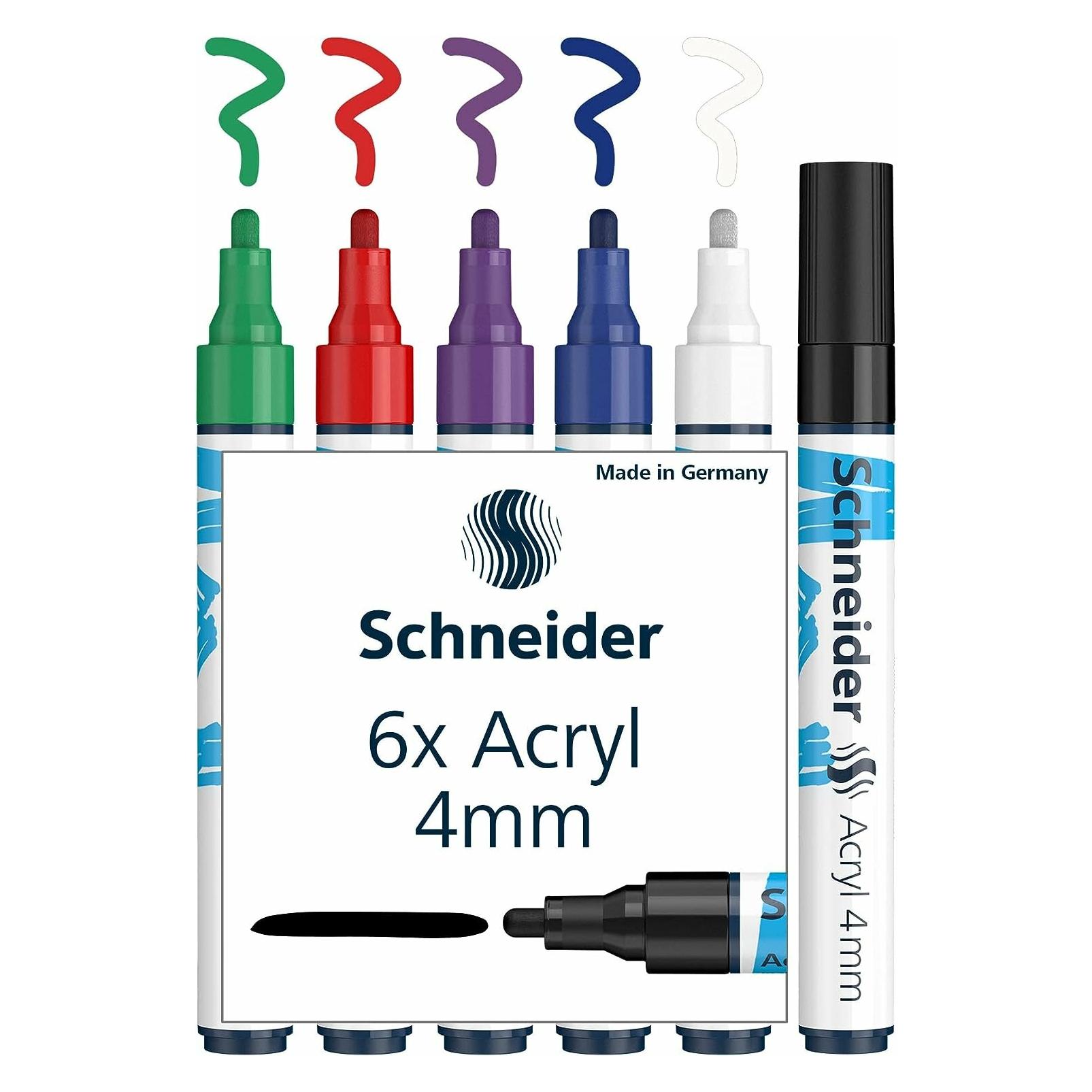 Schneider Paint-It Acrylstifte (Set 1 mit 4 mm Rundspitze, hochdeckende Acrylfarben für Holz, Leinwa (6x) (120295)