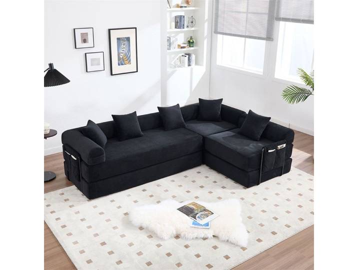 DRIPEX Grand Canapé d'angle 4 places Modulable en velours côtelé Canapé compressé Familial Combinaisons libres 270x180x64cm Noir