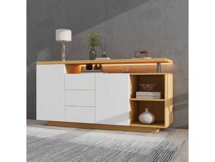 Buffet de salon à 3 tiroirs et 2 portes-LED--buffet bas Chêne blanc et clair-Panneau de particules-HAUSS SPOLE