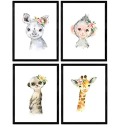 POSTER Set mit 4 Girafa Affe Nashorn und Erdmännchen A3 Rahmenlos