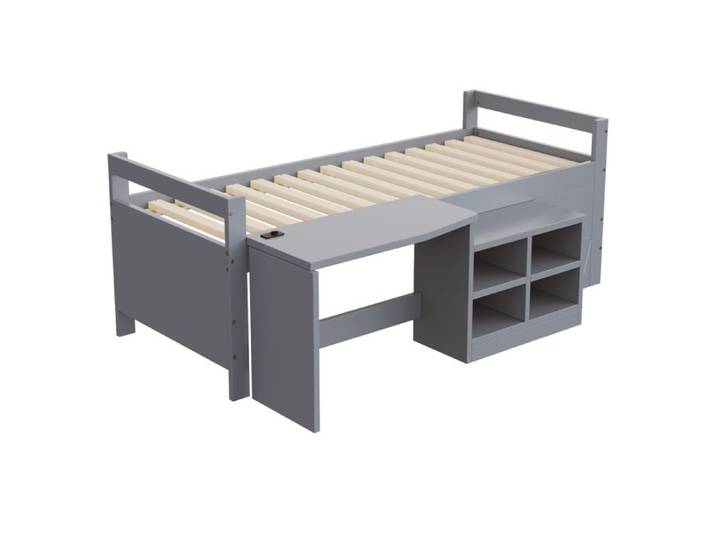 Lit enfant ULEVR 90×200 cm en bois conforme aux normes européennes avec rangements bureau et prises intégrées gris
