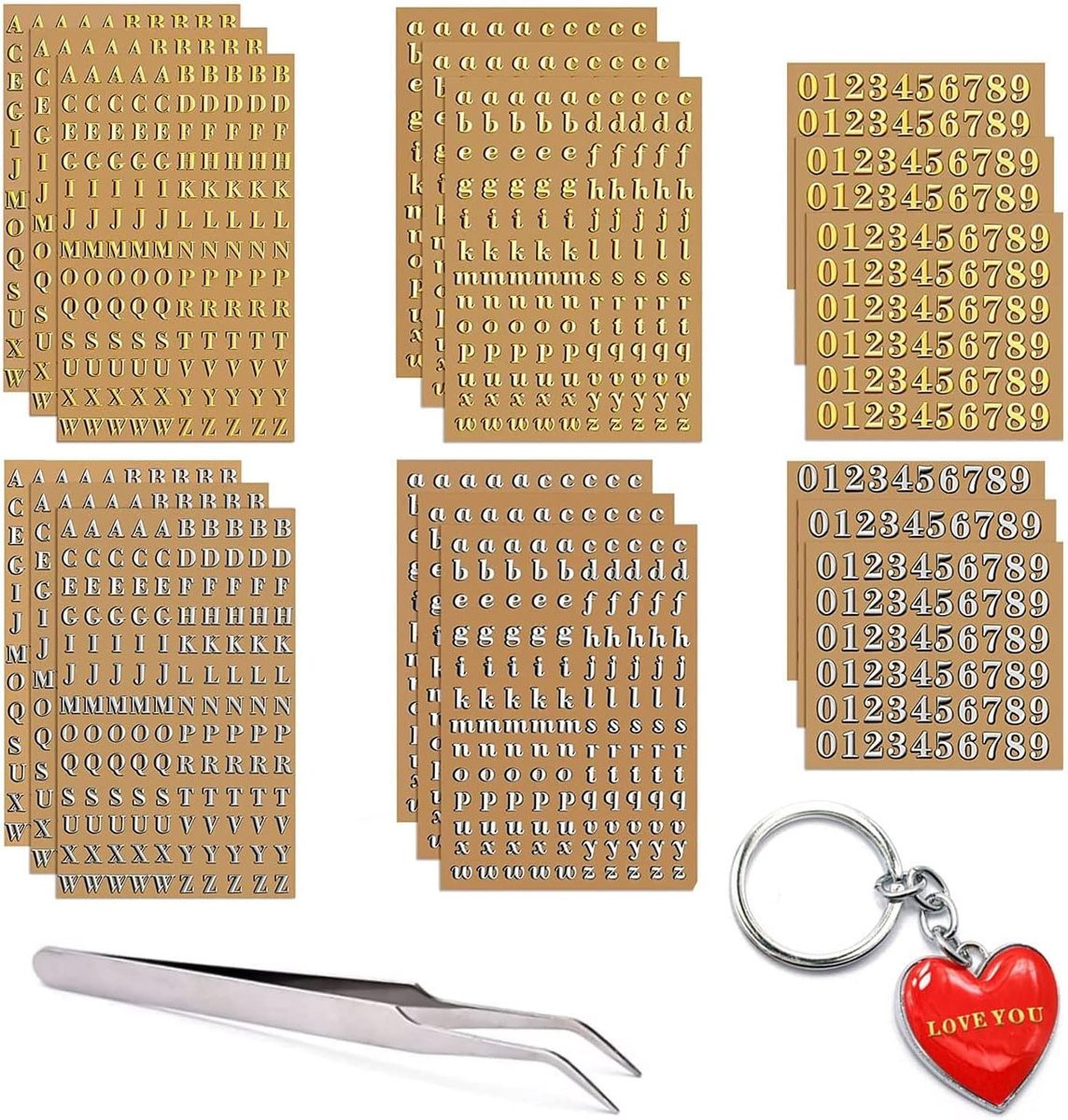 SnelShoppen 18 Bladen Kleine Letter Stickers voor Hars - Gouden en Zilveren Metallic Alphabet en Cijfers voor DIY Decoratie