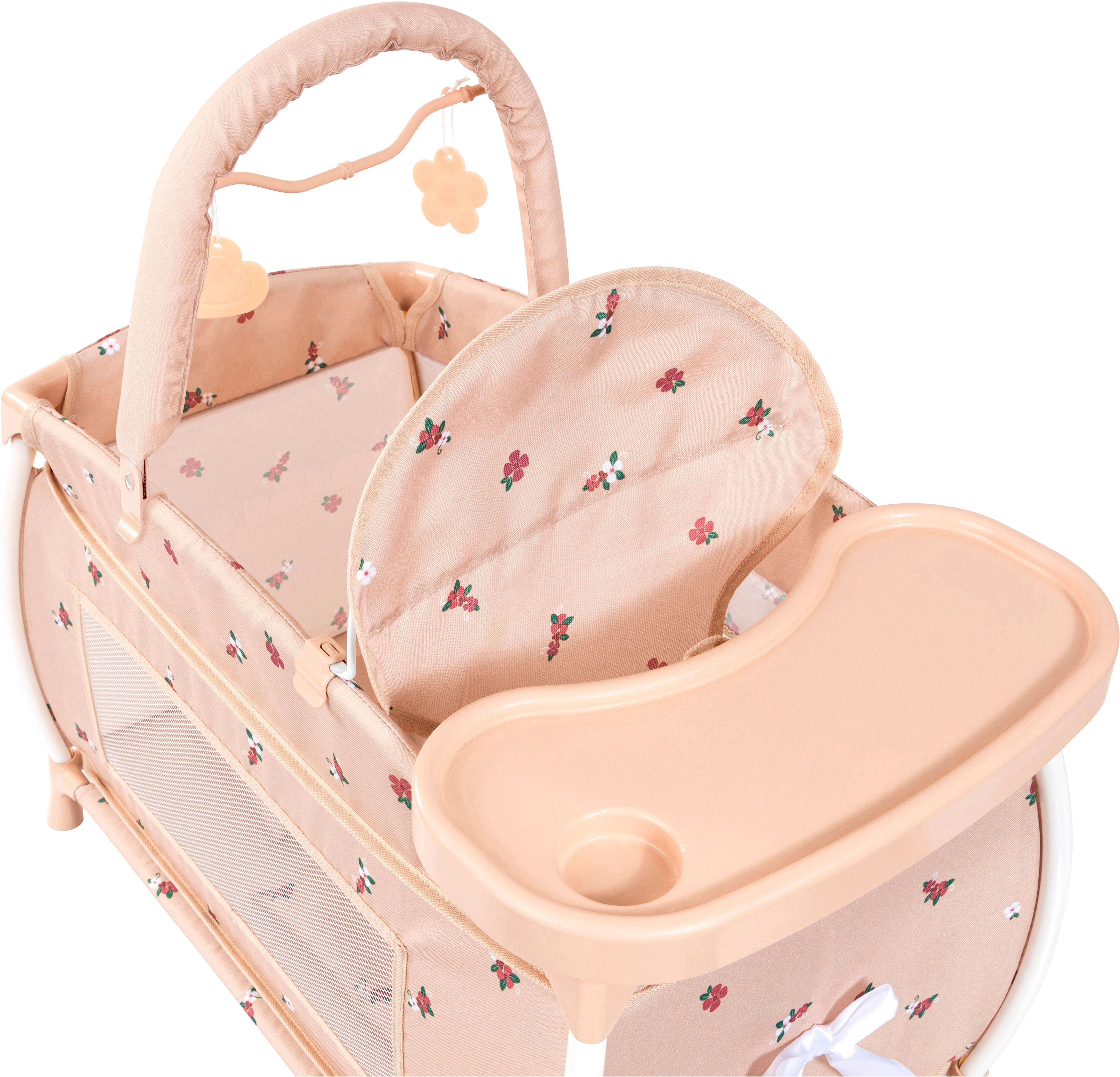 Puppenbett BAYER "Multi-Puppenbett", hellrosa mit blumen, Puppenmöbel, KinderB:37,5cm H:62cm T:65cm, Puppenbett, mit integriertem Hochstuhl, Wickelablage und Mobile, B:37,5cm H:62cm T:65cm
