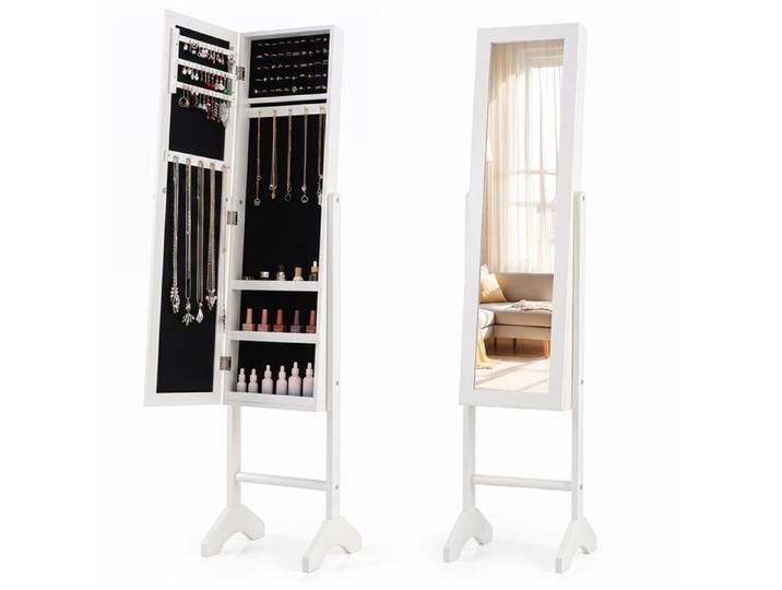 Armoire à Bijoux sur Pieds COSTWAY Miroir Pleine Longueur Rangement de Bijoux pour Dressing Dispositif Anti-basculement Blanc