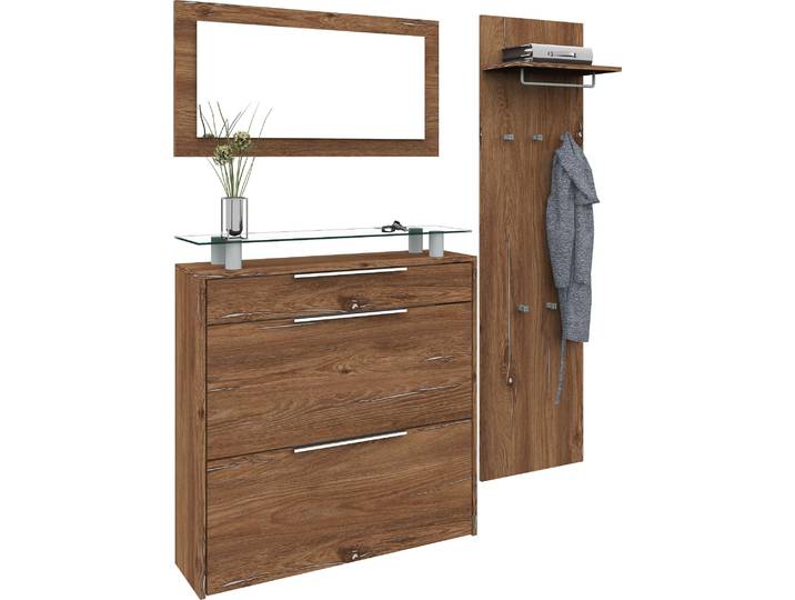 Garderoben-Set BORCHARDT MÖBEL Oliva , braun (vintage eichefarben), Kastenmöbel-Sets, Garderoben-Set, (3-tlg.), mit hängendem Schuhschrank, Paneel und Spiegel