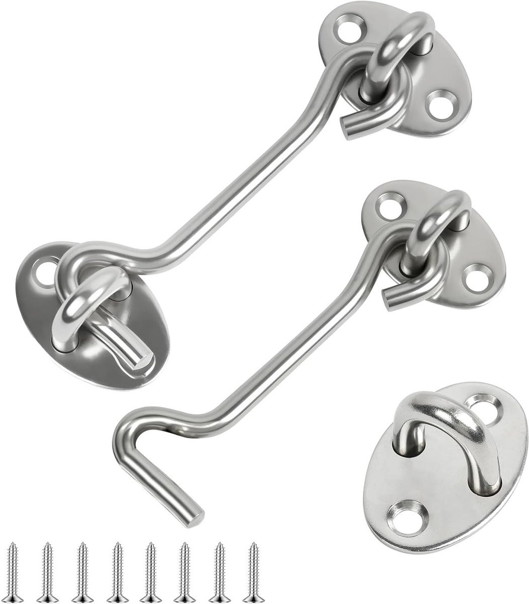 Set van 2 RVS deurhaken met oogsluiting en montagebeugels, 10 cm, voor binnen- en buitendeuren