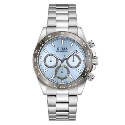 Chronograph GUESS "ARTHUR", silber (silberfarben, hellblau), Armbanduhren, Herren, Chronograph, Quarzuhr, Armbanduhr, Herrenuhr, Edelstahlarmband, analog