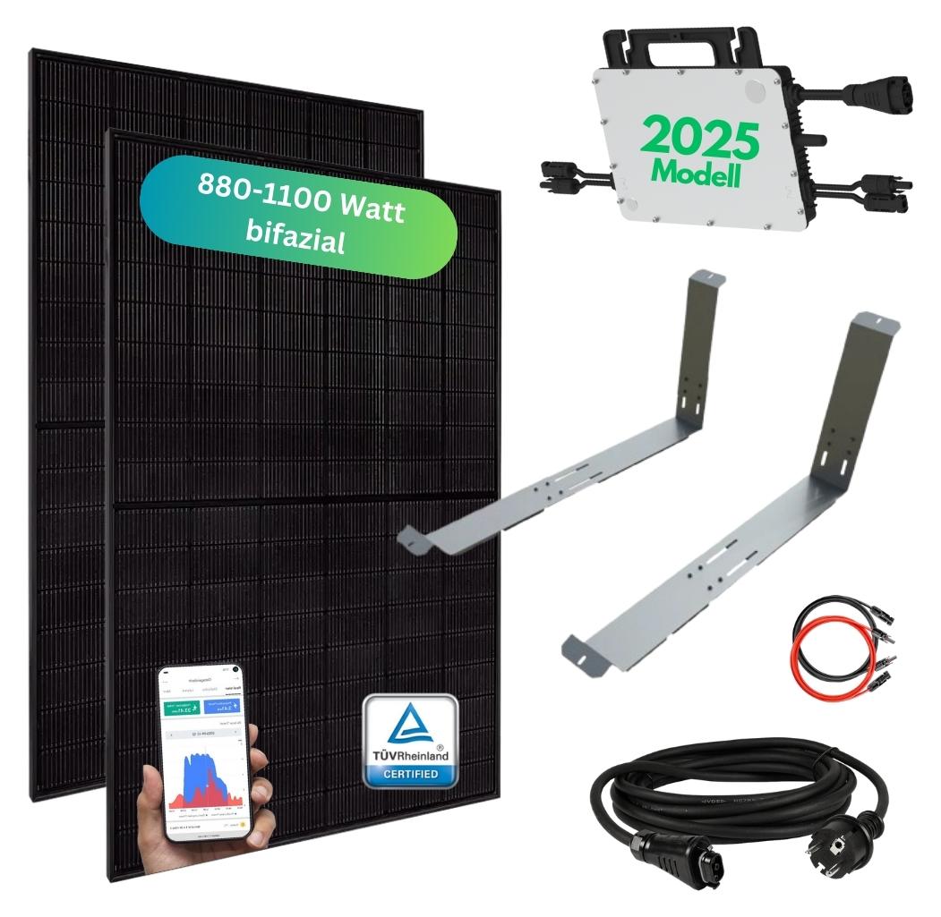 MYVOLTAICS Balkonkraftwerk MyCarport 880+ Watt mit Unterkonstruktion, bifazial, Hoymiles Wechselrichter WLAN 800 Watt, Steckerfertig - einstecken. fertig. - 15m