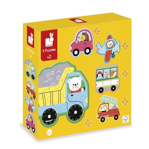 Janod Puzzel speelgoed - Set van 5 puzzels met voertuigen en dieren