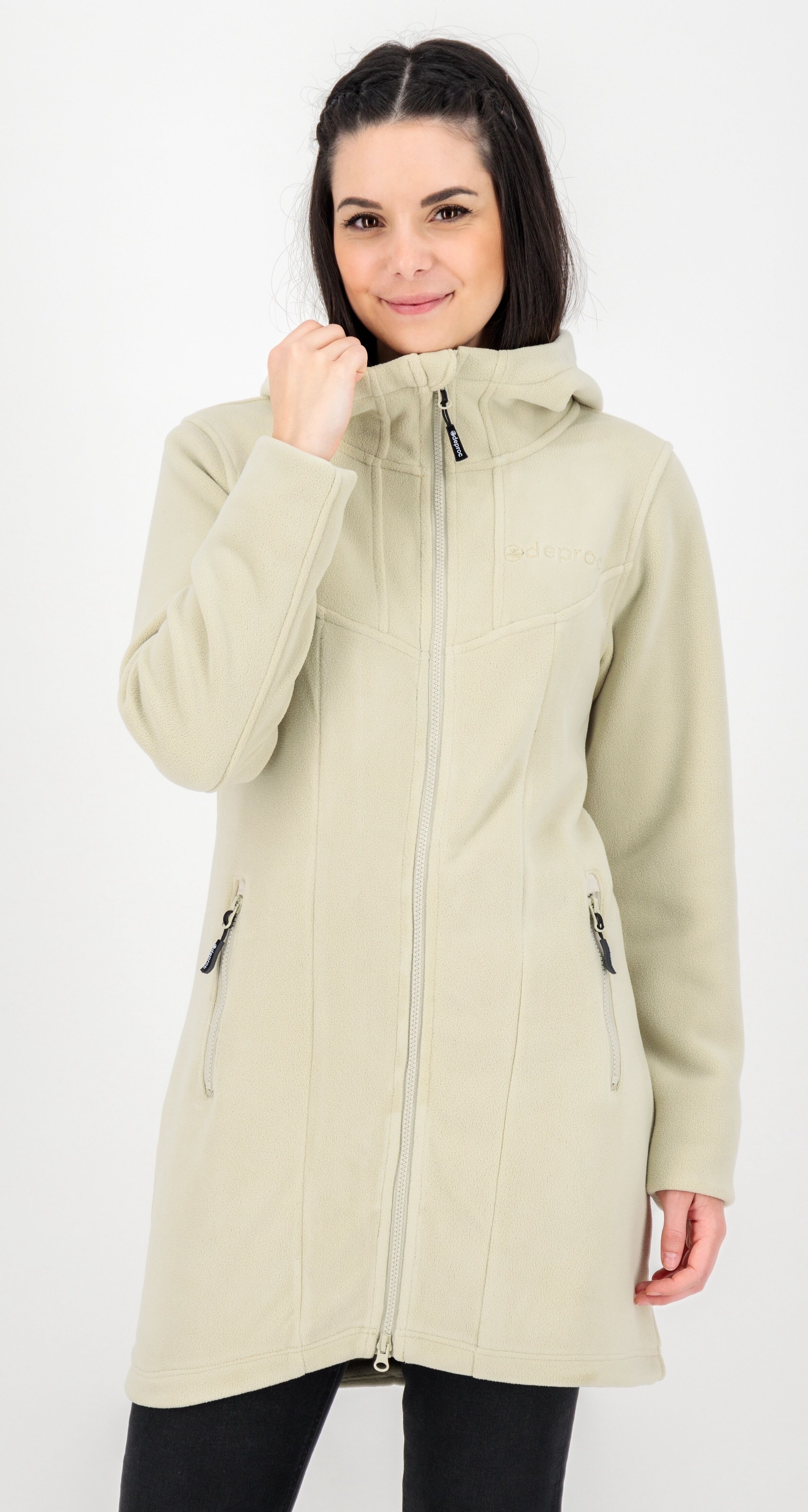 Fleecejacke DEPROC ACTIVE "WAWA PEAK", Damen, Gr. 40 (M), beige (sand), Fleece, 100% Polyester, regular fit hüftbedeckend, gerader Abschluss, Jacken Fleecejacke, mit 2-Wege-Reissverschluss sand 40 (M)