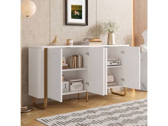 Buffet blanc 160 cm 4 portes en MDF bahut de rangement design arrondi Norevia